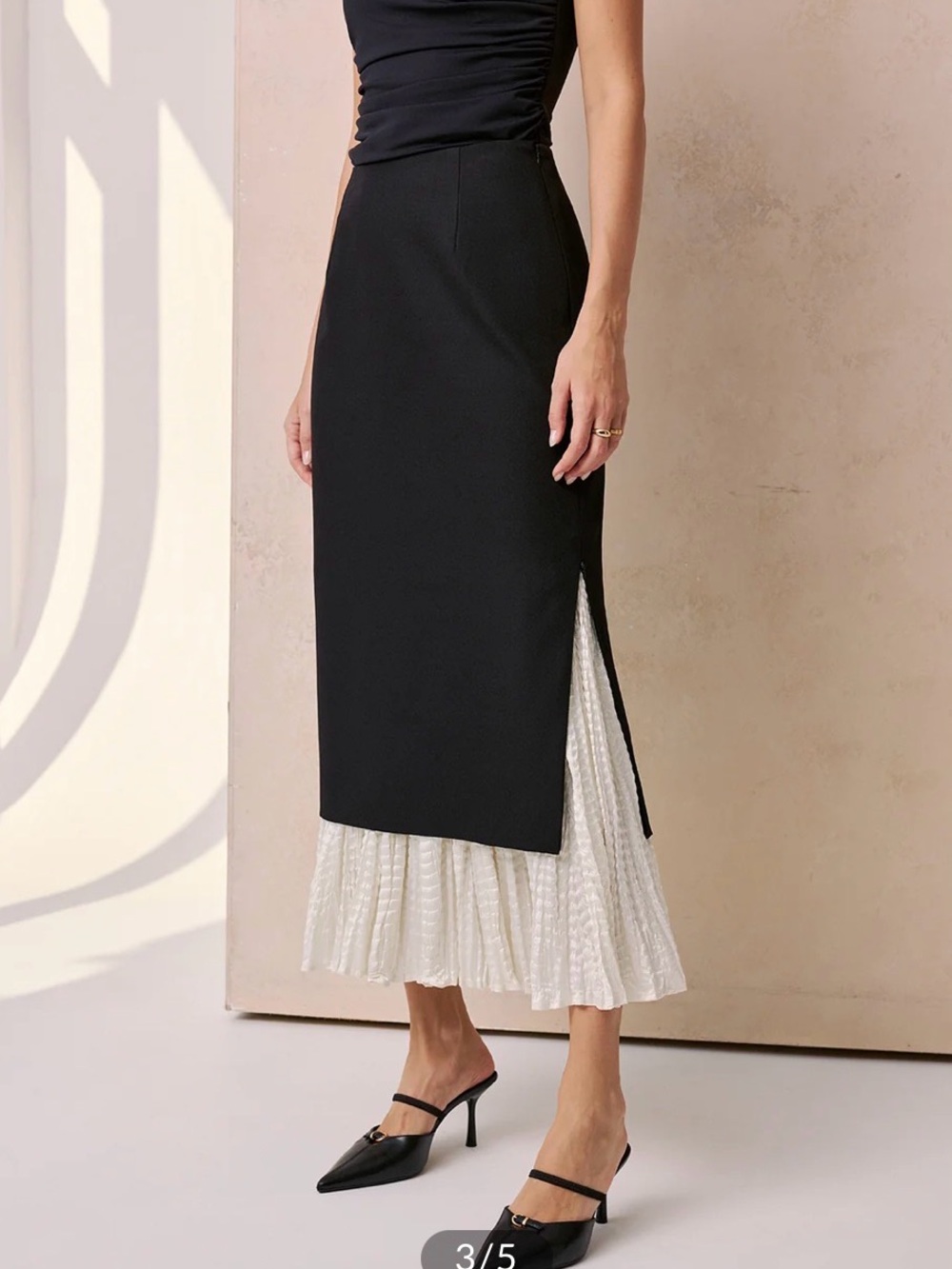 Commense Black Midi Skirt with White Pleated Hem - Picture 3 of 7